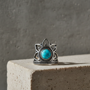 JewelryTownIN Ancient Sky Hydro <b>Turquoise</b> Gemstone Crown <b>Ring</b> Silver Plated Bohemian Bezel Setting Ethnic Jewelry for Women - Product Image 6