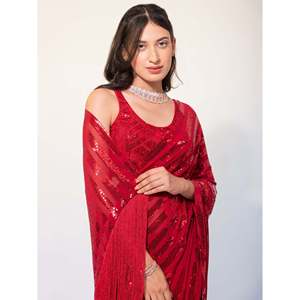 Magnifique Saree rouge à sequins en georgette avec chemisier - Product Image 3