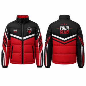 MEGAMAPLE Custom Men's Winter Varsity Jacket Eco-Friendly Hooded Stand Collar <b>Red</b> Black Color Blocking Windproof Zipper Closure - Product Image 1