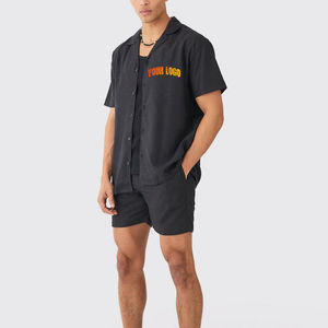 Ensemble assorti d'été de qualité supérieure pour homme, en lin noir uni, deux pièces : chemise boutonnée et short, en promotion - Product Image 6
