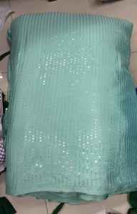 Tela de Seda Verde Menta con Líneas Verticales y Bordado de Lentejuelas Brillantes para Sarees de Diseñador y Prendas Étnicas - Product Image 4