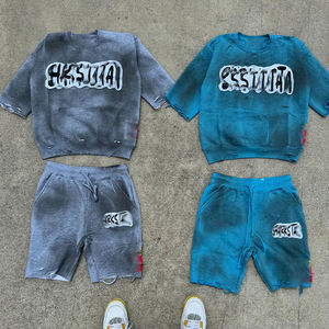 Men's Gray Cotton Casual T-Shirt And Shorts <b>Set</b> Crew Neck Solid Color Breathable Summer <b>Knitted</b> Wear - Product Image 2