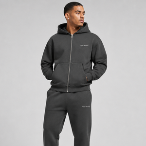 Private Label Custom Tracksuit 400GSM Heavyweight Fleece <b>Full</b> <b>Zip</b> <b>Hoodie</b> Straight Leg Pants OEM ODM - Product Image 6