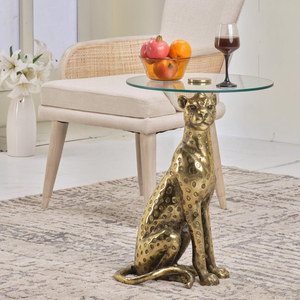 Luxury Antique Gold Leopard Side <b>Table</b> With Tempered Glass Top Creative Animal Shaped Accent End <b>Table</b> For Living Room Hotel Use - Product Image 1