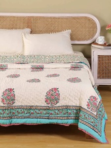 Edredón Bordado Bohemio con Patrón Floral Azul, Hecho a Mano en Algodón, Juego de Ropa de Cama para Decoración del Hogar para Todas las Temporadas - Product Image 3