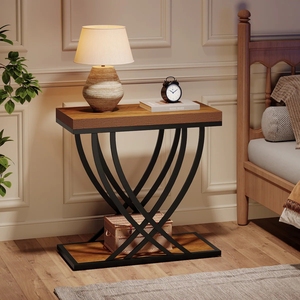 Mesa Auxiliar Rectangular de Dos Niveles con Acentos de Madera, Estructura Metálica Curva Cruzada, Mesa de Noche Moderna, Mesa Auxiliar para Sala de Estar - Product Image 2