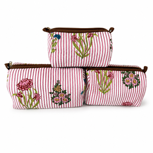 Elegant Pink Floral 3 Piece Cosmetic Pouch Set Quilted Cotton Makeup <b>Bags</b> for Women Travel <b>Vanity</b> Toiletry Organizer Gift Set - Product Image 5