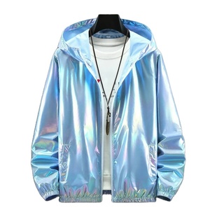 Fast Shipping Reflective Silver Jacket with <b>Black</b> Stripes - Stylish High Visibility Zip-up <b>Windbreaker</b> for Men & Women - Product Image 2