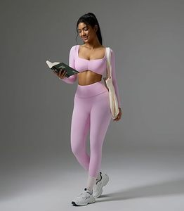 Conjunto de Yoga Rosa sin Costuras para Mujer, Leggings de Cintura Alta, Top Corto, Ropa Deportiva de Manga Larga, Conjunto de Dos Piezas para Gimnasio, Ropa Deportiva Elástica - Product Image 1