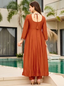 Luxury Rust Orange Silk Georgette Anarkali Gown Suit Heavy Silver Embroidery Flared Frock Style Kurta Pant Indian Pakistani Wedd - Product Image 2