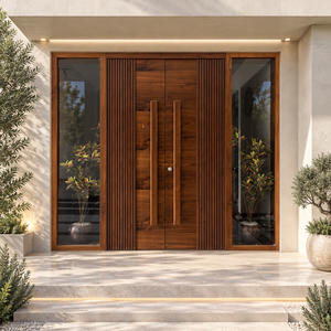 Porte d'entrée double en bois massif classique et minimaliste pour villa, avec panneaux latéraux en verre et design à bande décorative - Product Image 6