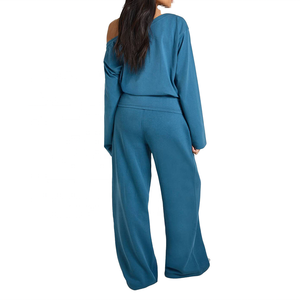 Conjunto de Sudadera Asimétrica de Manga Larga para Mujer, Pantalones Casuales de Punto de Algodón y Bambú Azules con Bolsillos, Ropa de Otoño - Product Image 4