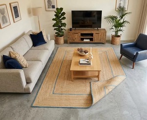 Scandinavian Style Jute Area <b>Rug</b> Rectangle Flat Weave Non Slip Living Room <b>Rug</b> Natural Beige with Blue Border - Product Image 1