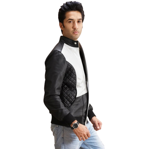 <b>Men</b>’s <b>Black</b> and White Genuine Leather Racer <b>Jacket</b> Two Tone Color Block Stand Collar Full Zip Casual Outerwear - Product Image 4