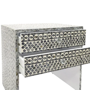 Modern luxury <b>bedside</b> <b>table</b> with <b>green</b> floral vine inlay and handmade two drawer accent Capiz nightstand for bedroom - Product Image 4
