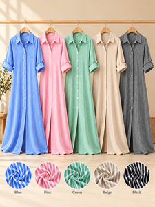 Vestido Camisero Maxi a Rayas Azules con Abertura Frontal y Diseño Abotonado, Corte Holgado, Vestido Casual de Verano para Mujer - Product Image 6