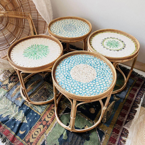 Round Shape Pearl Mosaic Rattan Tea and Coffee <b>Table</b> Inside Outside Furniture Wicker <b>Table</b> Cheap Price - Product Image 3