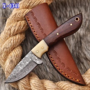 Cuchillo de caza de hoja recta de Damasco de primera calidad con mango de madera natural |   Cuchillo de Supervivencia para Exteriores Personalizable ODM con Hoja Fija para Desollar - Product Image 1