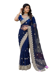 Blusa de Saree Azul con Bordado para Fiesta, Diseño Tradicional Indio para Mujer, con Bordado de Perlas y Diamantes - Product Image 5