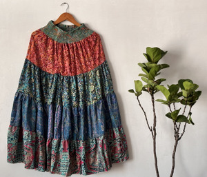 Women's Summer Bohemian Style Silk Maxi <b>Skirt</b> Flowy <b>Patchwork</b> Tiered Layer Casual Comfortable High Waist - Product Image 4