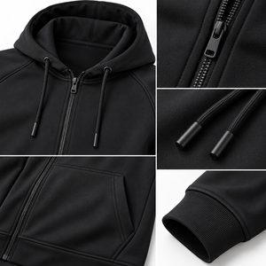 Ensemble de survêtement minimaliste pour homme, sweat à capuche entièrement zippé noir et pantalon à revers, avec cordon de serrage à la capuche et poches avant, deux pièces - Product Image 5