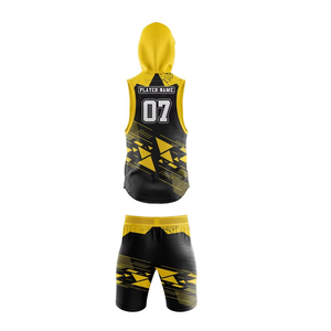 Custom Sublimated 7v7 Flag Football Uniform Yellow Black Shatter Geometric Hooded Sleeveless Jersey with <b>Compression</b> Shorts - Product Image 1