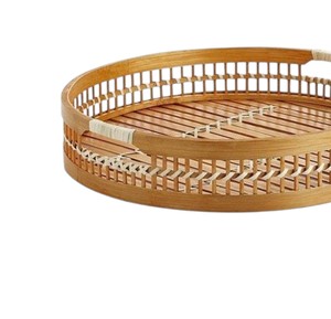 Trusted Factory Wholesale Handmade Round Rattan <b>Tray</b> <b>Wood</b> Serving <b>Tray</b> For Hospitality Table Centerpiece Arrangement - Product Image 2