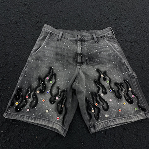 Men's Customized Color Denim Bermuda <b>Shorts</b> Flame Print <b>Sequined</b> Dot Pattern Street Style Mid Waist Elastic Waist Woven Fleece - Product Image 1