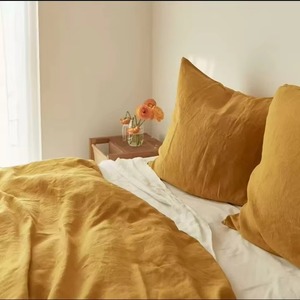 Ensemble de housse de couette en lin jaune uni, 3 pièces, lavable, literie pour la maison, style simple, ensembles de housses de couette - Product Image 1