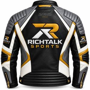 Blouson de moto en cuir véritable pour homme, noir, blanc, or, color block, col montant, fermeture éclair, coupe-vent, style motard - Product Image 2