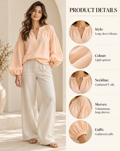 Blusa Sencilla Tejida Color Durazno para Mujer, Cuello en V, Manga Abullonada, Detalle Fruncido, Puño Elástico, Ropa Casual Elegante al por Mayor - Product Image 3