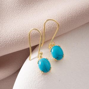 Turquoise Drop Earrings Vibrant Blue Oval <b>Stone</b> 925 Sterling Silver 14K Gold Plated Vermeil Dangle Boho Jewelry - Product Image 1