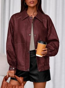 Veste moto en cuir véritable rouge pour femme, manches longues, fermeture éclair, col montant, style automne - Product Image 6