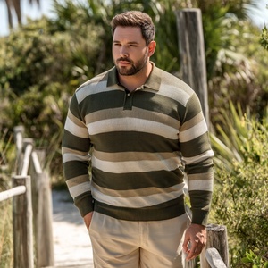 Pull polo rayé en maille pour homme grande taille, mélange coton biologique et chanvre, coupe ample - Product Image 6
