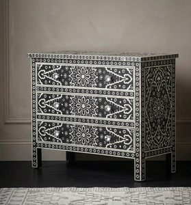 Table de rangement moderne en os incrusté avec détails en agate, meuble de présentation en bois à trois niveaux style Shaker, meuble de salon portable - Product Image 2