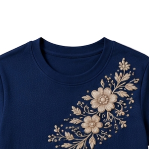T-shirt en coton bleu roi pour femme, col rond, broderie florale beige, manches courtes, décontracté, personnalisé, OEM, premium, mode estivale - Product Image 5