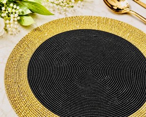 Black Gold <b>Beaded</b> Polyester/Cotton Handmade Eco-Friendly Luxury Dining <b>Placemat</b>-Elegant Table Decor for Home Hotel Holiday Table - Product Image 2