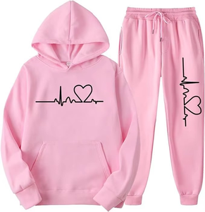 <b>Pink</b> Women's <b>Tracksuit</b> Hoodie And Pants Set Heartbeat Print Cotton Casual Lounge Wear Full Sleeve Drawstring Joggers - Product Image 1