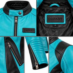 Blouson en cuir bleu sarcelle pour femme, coupe slim, style motard, avec empiècements noirs sur les côtés, col à boutons-pression, poignets zippés, veste de course personnalisée Darkry - Product Image 6