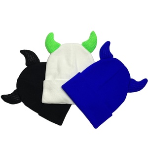 Custom Embroidery Logo Jacquard Winter Halloween Party Y2K Horn Knitted Curled Blank Beanie <b>Hat</b> - Product Image 2