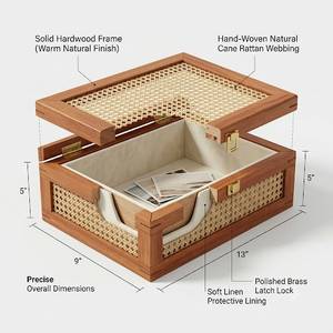 Boîte de rangement en bois écologique moderne avec panneaux en rotin tressé, organisateur de bijoux décoratif, boîte à souvenirs en bois naturel pour la maison - Product Image 4