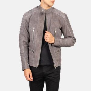 Chaqueta de Motociclista de Gamuza Gris para Hombre, Corte Ajustado, Cuello Alto, Cierre de Cremallera, Largo Regular, para Otoño - Product Image 1