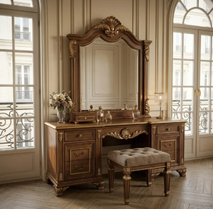 Luxury wooden <b>vanity</b> <b>dressing</b> <b>table</b> with green tufted stool and large <b>mirror</b>, available at wholesale prices. - Product Image 4