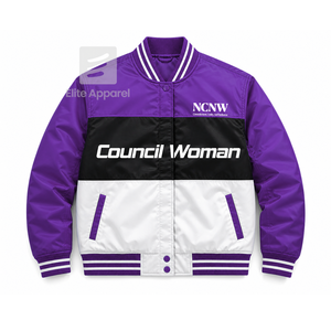 Veste de course personnalisée NCNW Sorority, logo brodé violet et blanc, style racing pour femme, avec doublure en polyester - Product Image 1