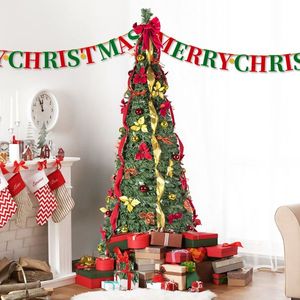 7.5FT Pre-Decorated Pop up Christmas <b>Tree</b> <b>with</b> 200 Warm White for UL <b>Lights</b> Red Gold Ornaments Flowers Ribbons & Bow - Product Image 2