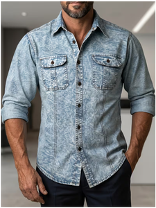 Camisa de Mezclilla TRIBON SPORTS para Hombre, Corte Slim Fit, Cierre de Botones, Lavado Medio, Color Sólido, Estilo Casual, 100% Algodón Tejido, Costuras Decorativas - Product Image 4