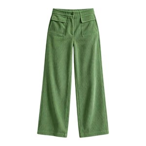 Pantalon large en velours côtelé taille mi-haute pour femme, couleur unie, coupe décontractée, poches utilitaires plates, longueur intégrale, style automne - Product Image 3