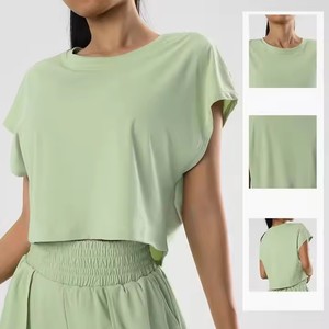 Crop top noir pour femme, manches courtes, col rond, tricoté, coupe ample, décontracté, couleur unie, toutes saisons - Product Image 5