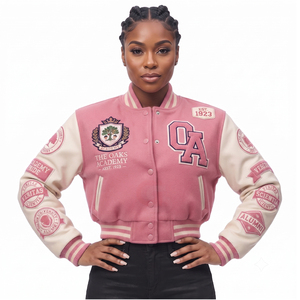 Chaquetas Varsity con diseño de logotipo bordado en patchwork vintage personalizado, chaquetas de béisbol con mangas de cuero, chaquetas para mujer, chaqueta corta para dama. - Product Image 4