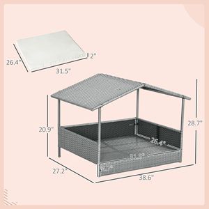 Cuccia per Cani da Esterno in Vimini con Tettoia Impermeabile e Cuscino, Letto Rialzato per Cani Piccoli e Medi, Arredamento per Animali in Rattan - Product Image 2